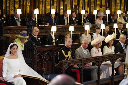 Meghan Markle y el resto de la familia real británica durante su boda celebrada en la capilla de San Jorge, en Windsor, el 19 de mayo de 2018.