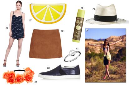 76. Pull & Bear Mono estampado de flamencos. 77. Monki Clutch Lemon. 78. Sun Bum Bálsamo labial con SPF 30 'Key Lime'. 79. Maison Michel Sombrero de paja con manchas de pintura. 80. Jonathan Saunders Mini acampada de ante. 81. Bershka. 82. Aristocrazy Anillo de plata con símbolo de la paz. 83. Lanvin Slip-on sneakers metalizadas. 84. Asos Guirnalda para el pelo con diseño de flor en tono pastel.