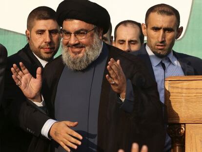 El líder de Hezbolá, Hasan Nasralá, se dirige a sus seguidores.