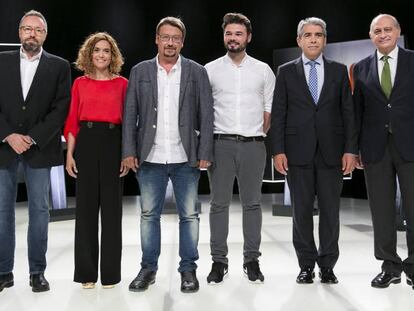 Los seis candidatos, antes de iniciar el debate de TV3.