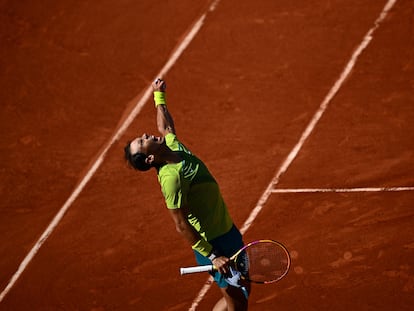 Nadal celebrates a victory in a match last year at Roland Garros.