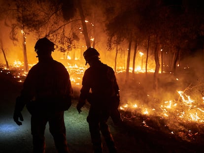 Dos bomberos trabajan para impedir que el incendio se propague, el 10 de agosto, en Carcastillo (Navarra).