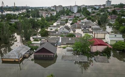 A view shows a flooded area of Kherson on June 7, after the Nova Kakhovka dam breach. 