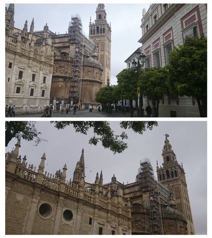 Arriba, una imagen típica de la Giralda de Sevilla. El fotógrafo ha optado (imagen inferior) por volver a situar en la derecha el elemento principal. Se ha elegido un encuadre que evite seccionar la parte superior del monumento, como sucede en la imagen de arriba, y se ha utilizado las ramas del árbol para evitar que quede "mucho aire en la imagen".