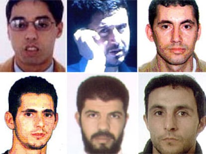 De izquierda a derecha y de arriba abajo, Jamal Ahmidan, <i>El Chino;</i> Sarhane Ben Abdelmajid Fakhet, <i>El Tunecino;</i> Rachid Oulad; su hermano Mohamed Oulad; Agdennabi Kounjaa, <i>Abdallah,</i> y Said Berraj.
