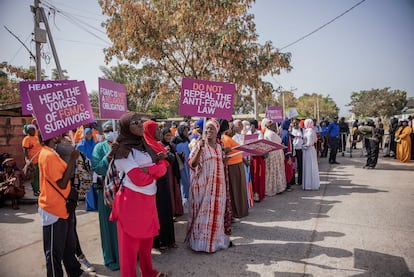 Gambians protest against a bill aimed at decriminalizing female genital mutilation as parliament debates the bill in Banjul, Gambia March, 18, 2024