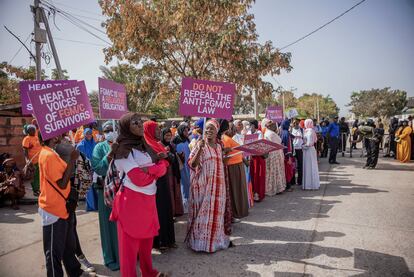 Gambians protest against a bill aimed at decriminalizing female genital mutilation as parliament debates the bill in Banjul, Gambia March, 18, 2024