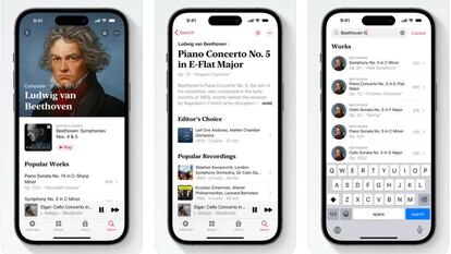 Capturas de la interfaz de la aplicación Apple Music Classical.