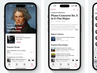 Capturas de la interfaz de la aplicación Apple Music Classical.