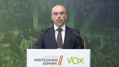 Jorge Buxadé of Vox during a news conference on Monday.