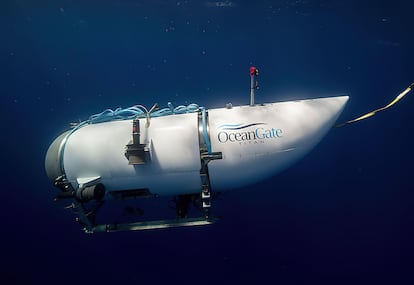 A handout photo issued by the American Photo Archive of the OceanGate Expeditions submersible vessel named Titan used to visit the wreckage site of the Titanic.