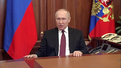 Russian President Vladimir Putin during a televised address on February 24, 2022.