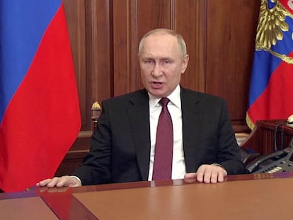 Russian President Vladimir Putin speaks about authorising a special military operation, on February 24.