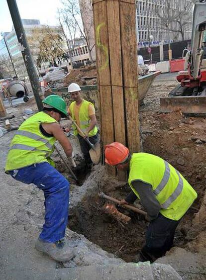 Unos operarios trabajan en la raíz de un árbol de la calle de Serrano.