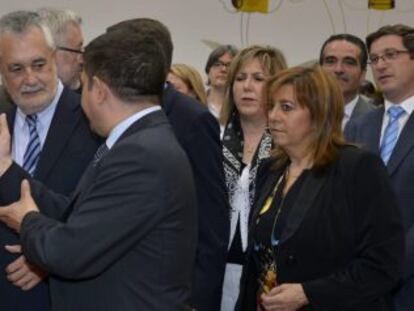 El presidente de la Junta de Andaluc&iacute;a, Jos&eacute; Antonio Gri&ntilde;&aacute;n, y el ministro de Agricultura, Alimentaci&oacute;n y Medio Ambiente, Miguel Arias Ca&ntilde;ete, durante su visita a Expoliva.