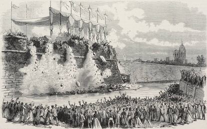 Grabado que recrea la ceremonia de inicio de la demolición de la Ciudadela de Barcelona, en 1868.