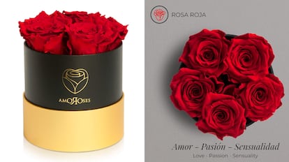 Este regalo para enamorados es un cofre sorpresa con una serie de rosas rojas estabilizadas y duraderas en el tiempo.
