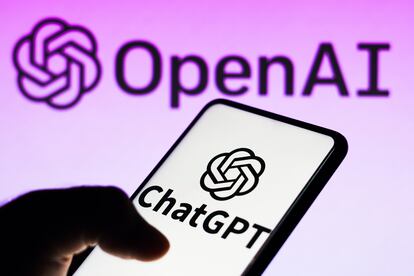 In this photo illustration, the ChatGPT logo is seen displayed on a smartphone and the OpenAI company logo on background