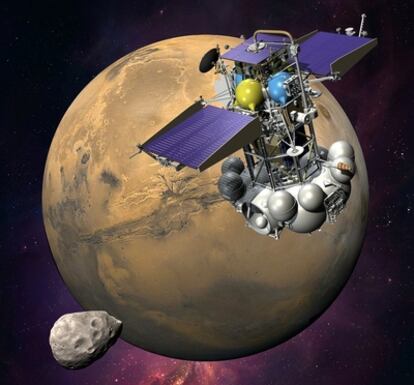 Ilustración de la sonda interplanetaria <i>Phobos-Grunt</i> sobre una fotografía de Marte.