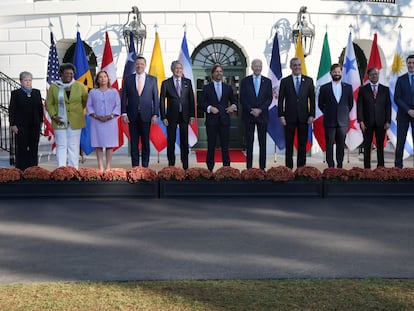 Mexican Foreign Minister Alicia Barcena, Barbados Prime Minister Mia Mottley, President of Peru Dina Boluarte Zegarra, President of Costa Rica Rodrigo Chaves, President of Ecuador Guillermo Lasso, President of Uruguay Luis Alberto Lacalle Pou, U.S. President Joe Biden, President of Dominican Republic Luis Abinader, President of Chile Gabriel Boric, President of Colombia Gustavo Petro, Prime Minister of Canada Justin Trudeau and Minister of Foreign Affairs of Panama Janaina Tewaney Mencomo pose for a group photograph as they participate in the Americas Partnership for Economic Prosperity Leaders' Summit at the White House in Washington, November 3, 2023.