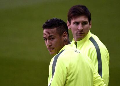 Neymar i Messi en l'entrenament al Parc dels Prínceps.