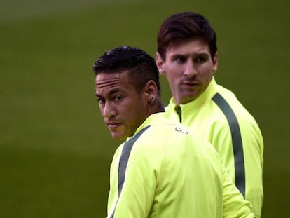 Neymar i Messi en l'entrenament al Parc dels Prínceps.