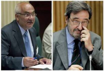 Fotografías de archivo del expresidente de Caixa Catalunya, Narcís Serra (d), y el exdirector general, Adolf Todó (i). EFE/Archivo