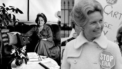 A la izquierda, la escritora feminista Betty Friedan, en su casa en 1978. A la derecha, la activista antifeminista Phyllis Schafly, en una manifestación en Washington D. C. en 1977.