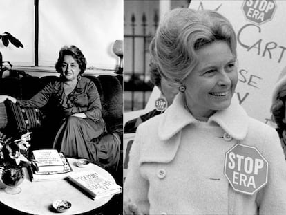 A la izquierda, la escritora feminista Betty Friedan, en su casa en 1978. A la derecha, la activista antifeminista Phyllis Schafly, en una manifestación en Washington D. C. en 1977.