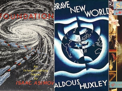 Portadas de las primeras ediciones de 'Fundación', 'Un mundo feliz' y 'The Sandman'.