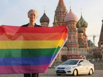 Tilda Swinton, en Mosc&uacute;, durante la protesta.