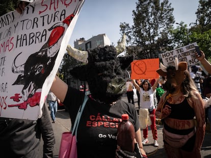 Una manifestación a las afueras de la Monumental Plaza de Toros, en Ciudad de México, el pasado 28 de enero.