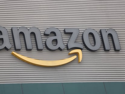 The logo of Amazon at the Amazon Fulfillment Center during a media tour ahead of the holiday season in Tepotztlan, Mexico, December 13, 2023.