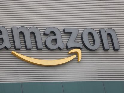 The logo of Amazon at the Amazon Fulfillment Center during a media tour ahead of the holiday season in Tepotztlan, Mexico, December 13, 2023.