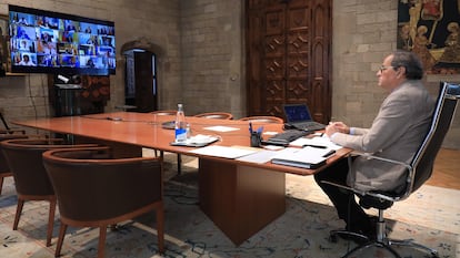 El presidente de la Generalitat, Quim Torra, en la 14 videoconferencia de presidentes autonómicos con el Gobierno, a 14 de junio de 2020.