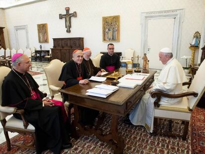 El Papa, durante su reunión con la cúpula eclesial de EEUU.