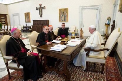 El Papa, durante su reunión con la cúpula eclesial de EEUU.