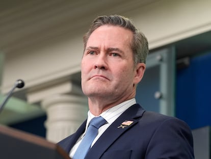 FILE - White House National Security Adviser Mike Waltz listens to a question from a reporter in the James Brady Press Briefing Room at the White House, in Washington, Feb. 20, 2025. (AP Photo/Alex Brandon, file)
