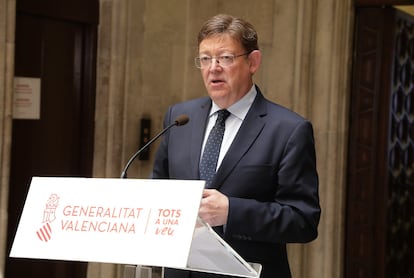 El presidente valenciano, Ximo Puig, en la comparecencia pública de este viernes en el Palau de la Generalitat.