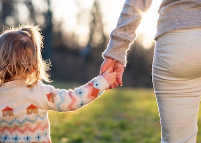 mom and little girl holding hands in a meadow with their backs turned in sweaters at sunset