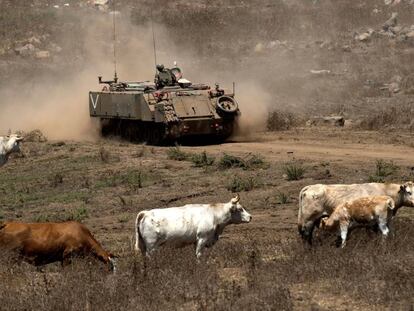Soldados israelíes participan en un ejercicio militar en los Altos del Golán, Israel.