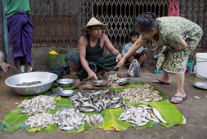 Venta de pescado en una calle del centro de Yangon, Myanmar.