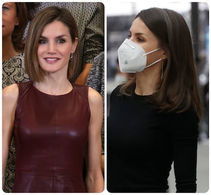 La reina Letizia en 2015 y, a la derecha, a principios de febrero de 2021.