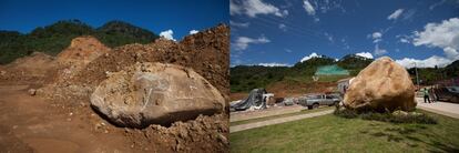 El alud de tierra de septiembre de 2013 arrastr&oacute; una enorme piedra hasta el centro del pueblo. Hoy forma parte del parque que recuerda a las v&iacute;ctimas.