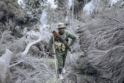 Un guarda del Parque Nacional de Virunga sube las laderas del volcán Nyiragongo, al norte de Goma, capital de Kivu del Norte (República Democrática del Congo).