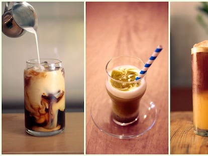 Cold Brew con leche de Hola Coffee (izquierda), Matcha con leche y hielo de Agrado (centro) y Limonada con expreso de Toma Café.
