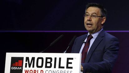 El president del FC Barcelona, Josep Maria Bartomeu, durant la conferència que ha impartit en el Mobile World Congress.