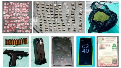 Sustancias ilícitas, armas y otros de los objetos decomisados tras el cateo en el inmueble de la alcaldía Benito Juárez.