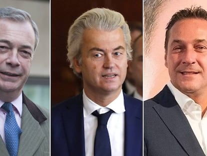 Left to right: Nigel Farage, Geert Wilders and Heinz-Christian Strache.