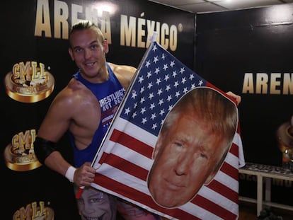 Sam Adonis shows off his Trump flag.